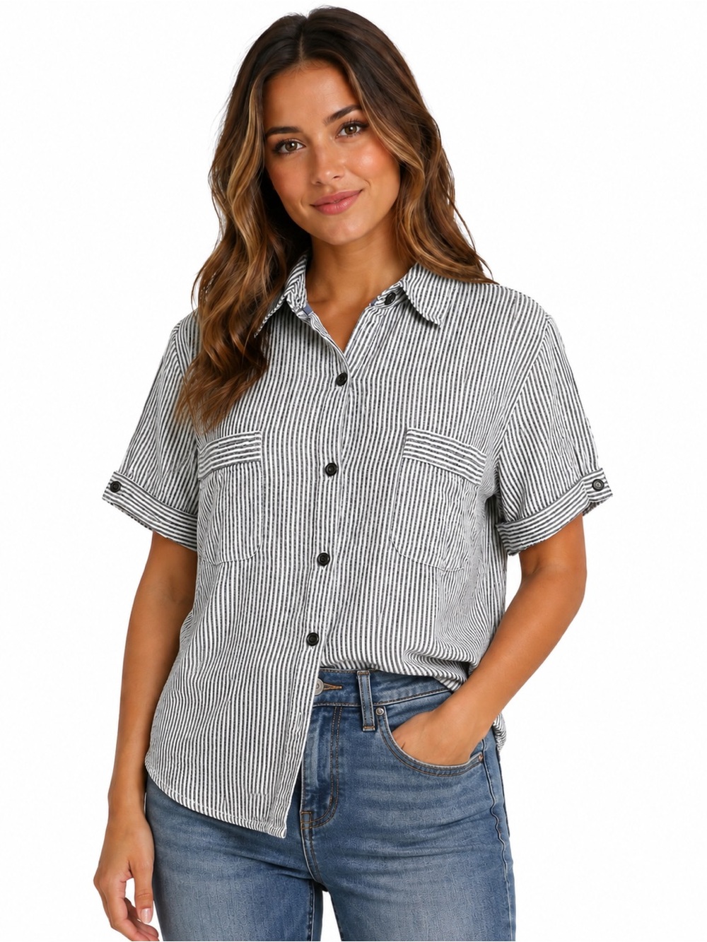 Christopher & Banks Gray and White Striped Short-Sleeve Button-Down Shirt